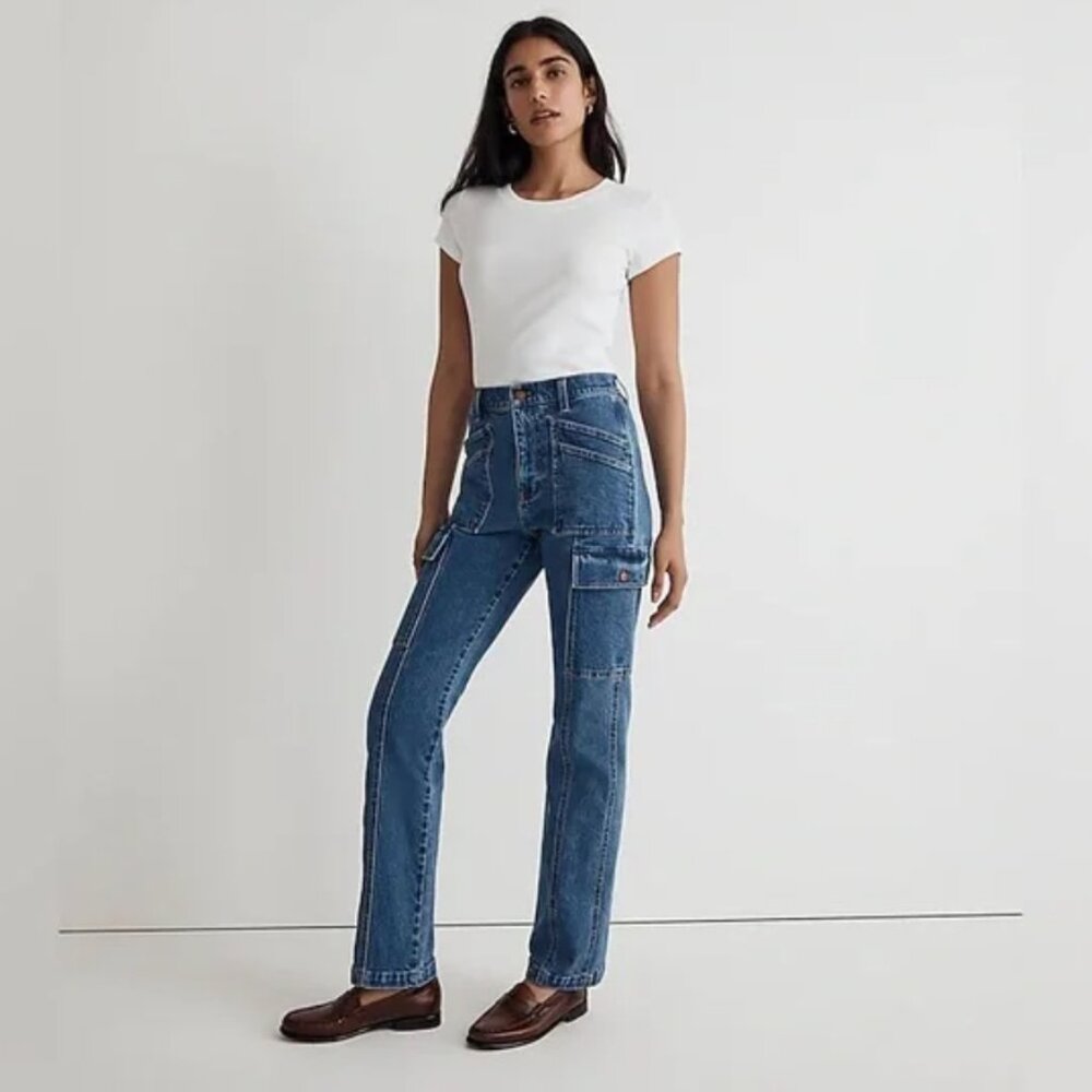 Madewell The '90s Straight Utility Cargo Jeans Densmore Wash Blue Size 31 - Picture 2 of 10